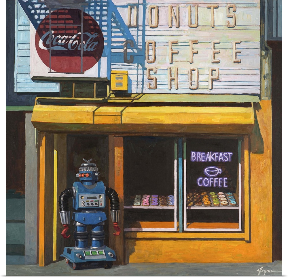 A contemporary painting of a blue retro toy robot standing out front of a donut shop waiting for customers.