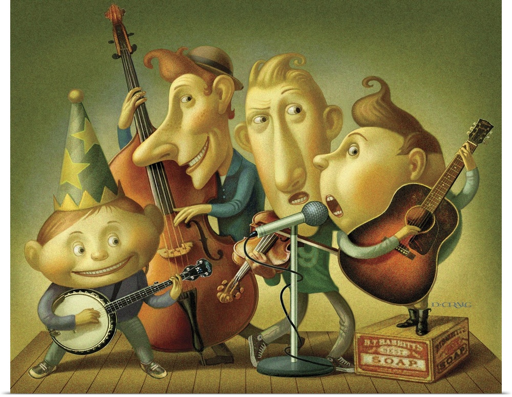 Four musicians playing in a folk band.