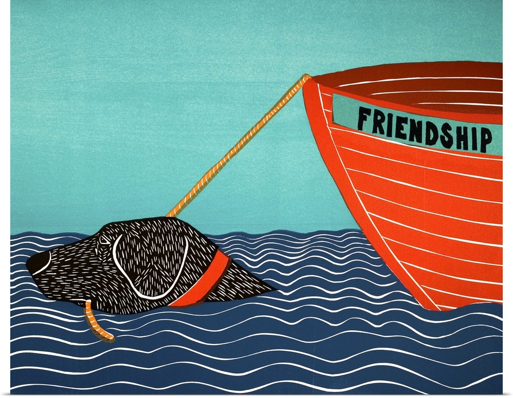 Illustration of a black lab in the ocean pulling a bot behind him with the name "Friendship"
