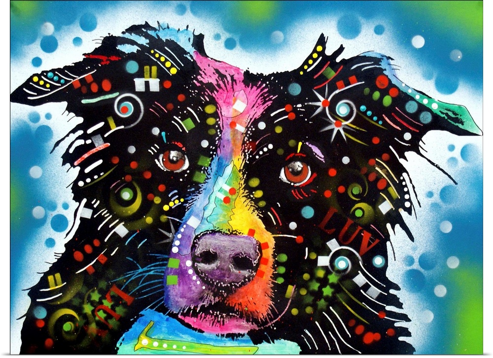 Contemporary stencil painting of a border collie filled with various colors and patterns.