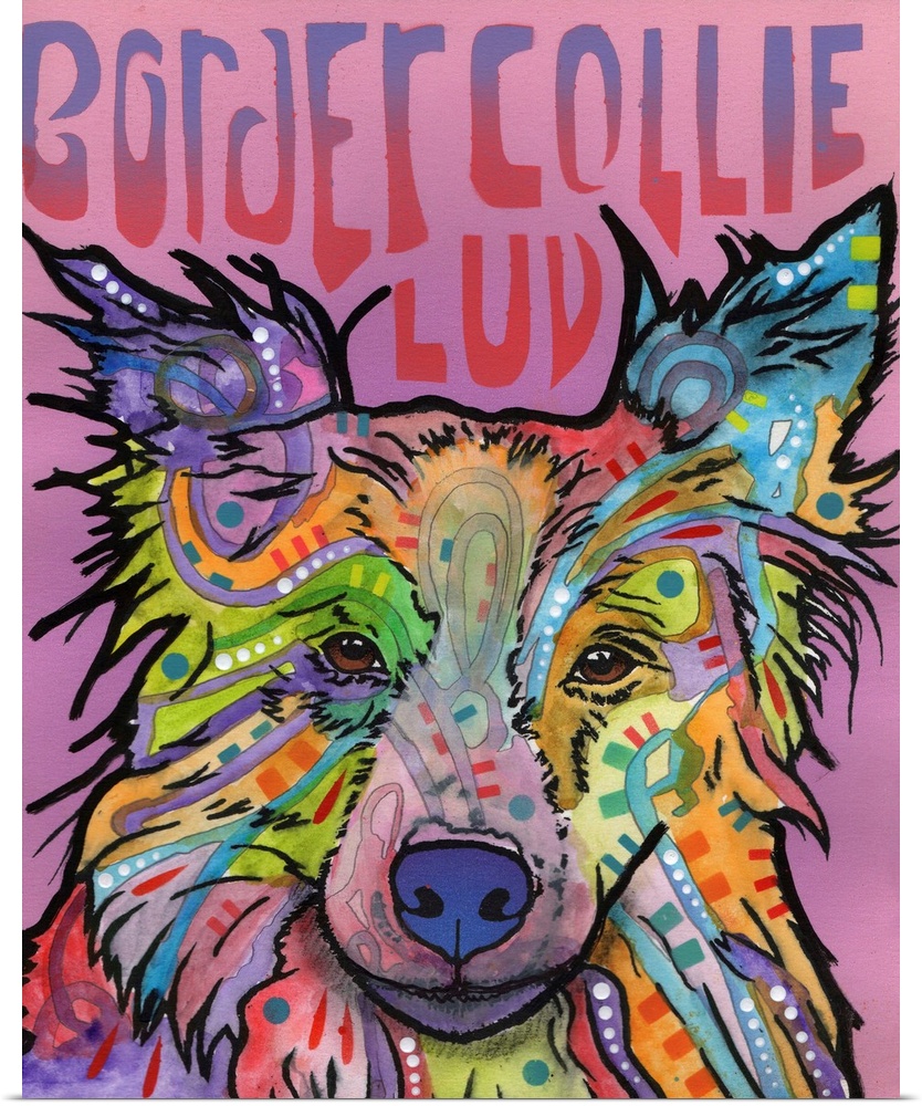 Colorful painting of a Border Collie with graffiti-like designs on a pink and purple background with "Border Collie Luv" s...