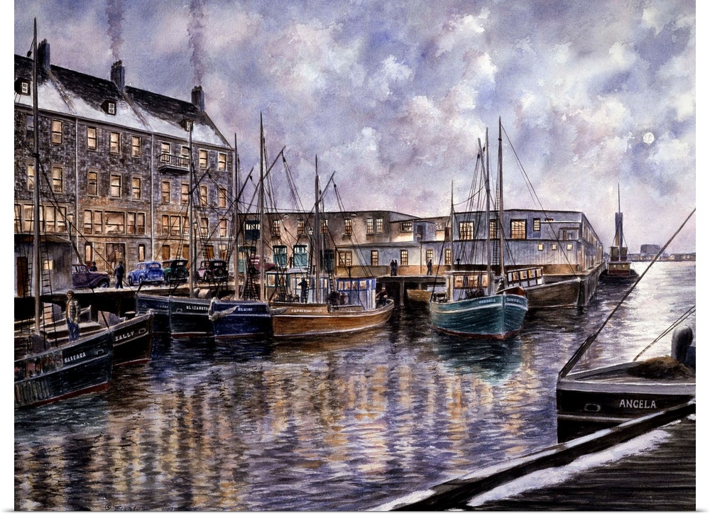 Contemporary painting of a harbor filled with fishing boats.