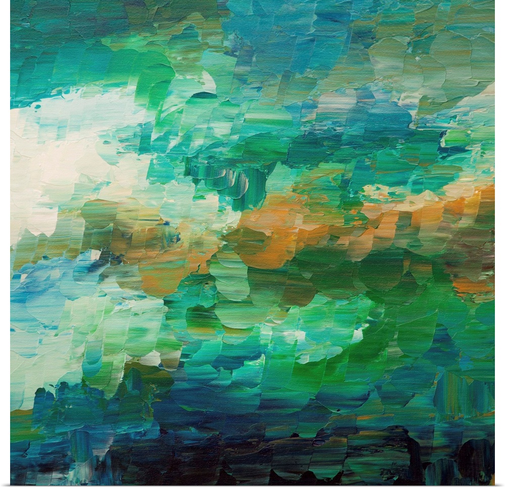 Contemporary abstract painting in cool blues and greens.