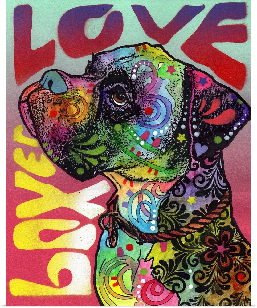 "Boxer Love" written around a colorful painting of a Boxer with abstract markings and a rope collar.