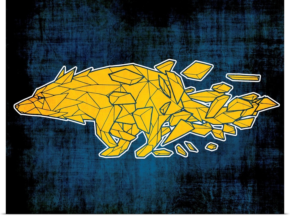 Illustration of a yellow wolf made out of geometric shapes on a dark blue and black background.