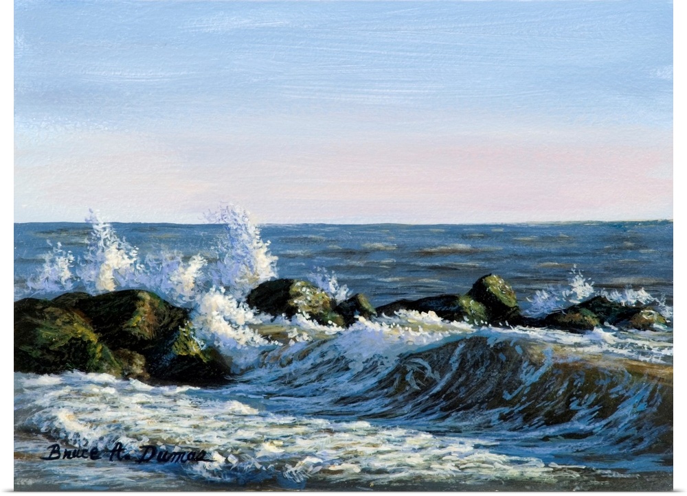 Contemporary artwork of a seascape with splashing waves.