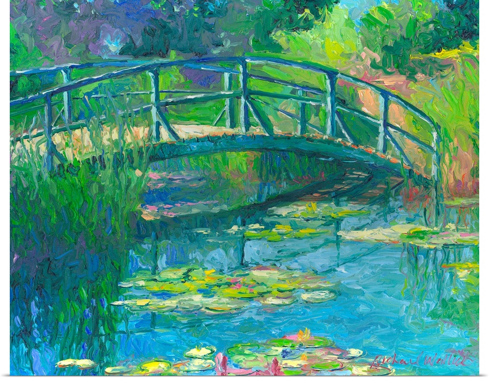 Painting of a garden with a pond and bridge over it.