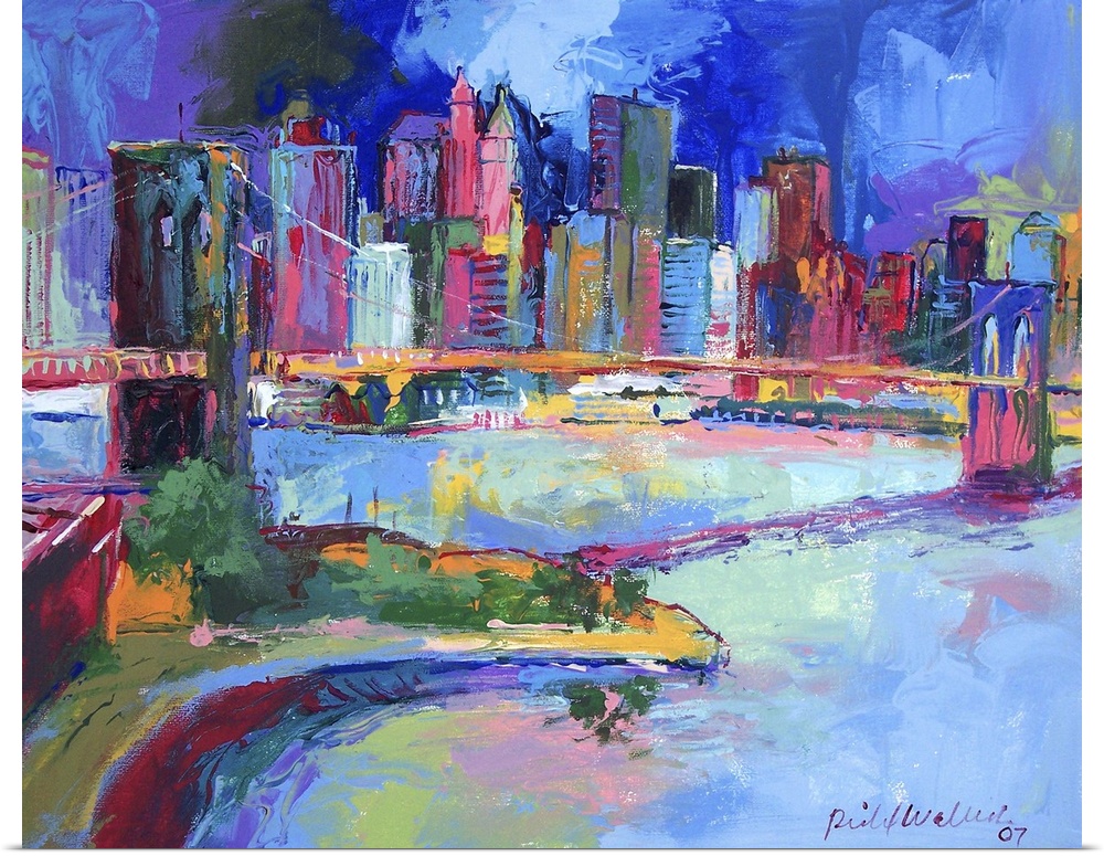 Contemporary colorful painting of an urban skyline.