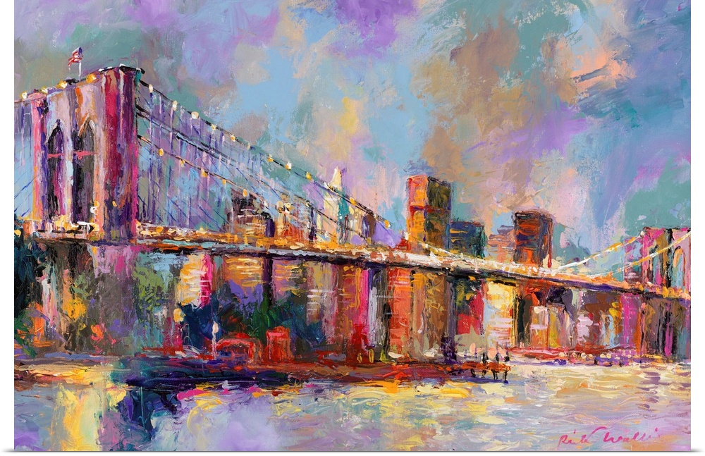 Colorful abstract painting of the Brooklyn Bridge and the NYC skyline in the distance.