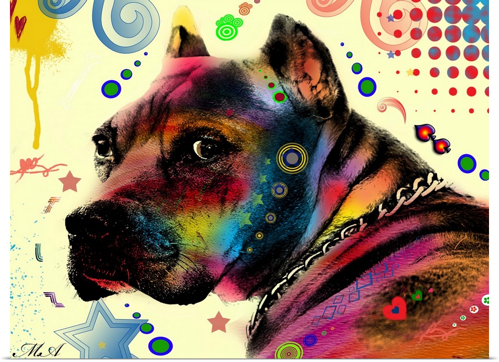 Contemporary artwork of an American Pit Bull colored in an array of bright and vibrant colors.