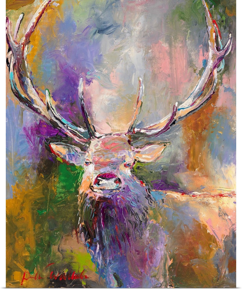 Colorful abstract painting of a male deer with large antlers.