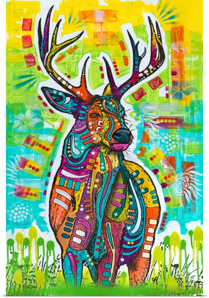 Contemporary stencil painting of a deer filled with various colors and patterns.