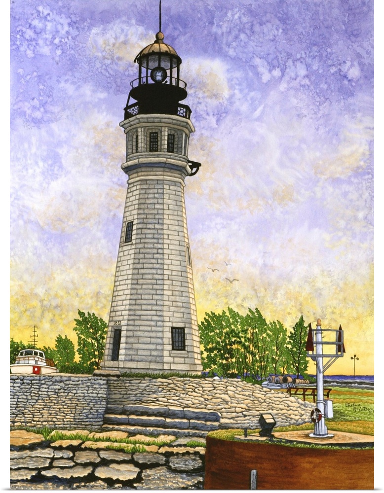 Contemporary painting of a white lighthouse at dusk.