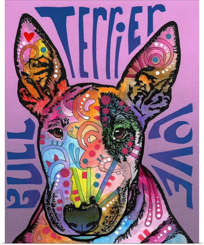 "Bull Terrier Luv" written around a colorful painting of a Bull Terrier with abstract markings on a purple background.