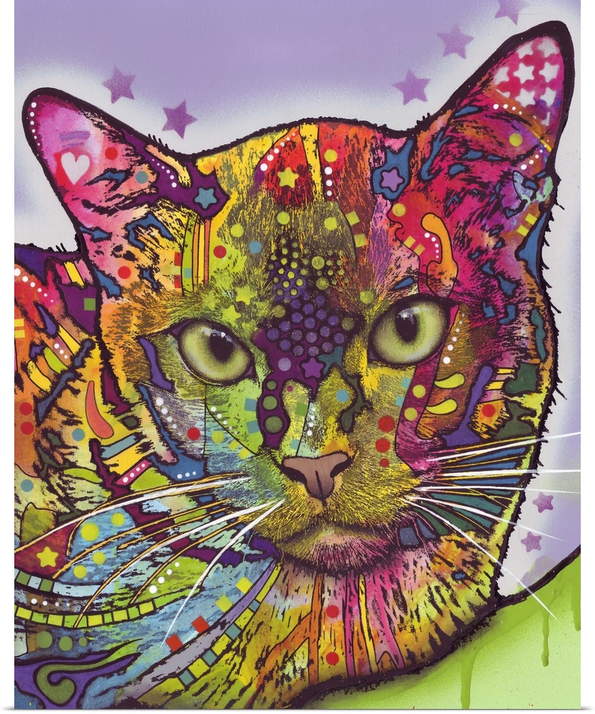 Contemporary artwork of a cat's outline filled with several multicolored patterns arranged in a graffiti like style.