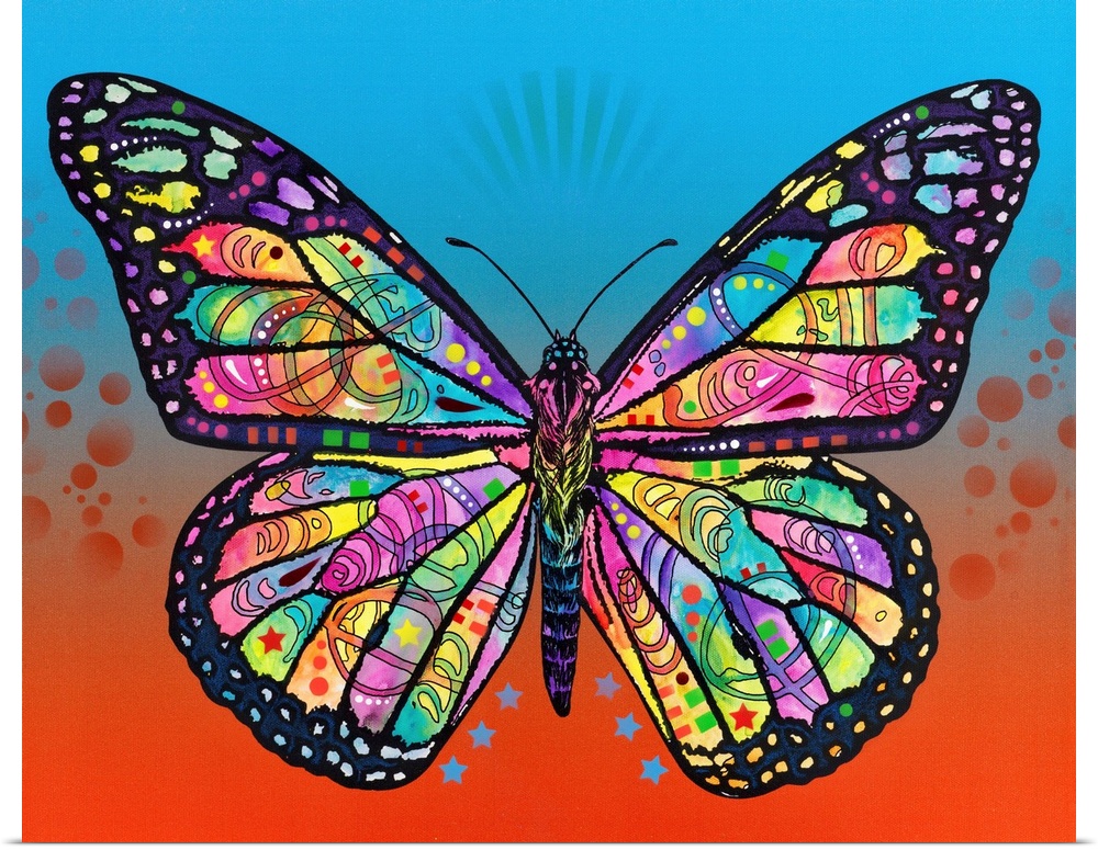 Intricate illustration of a colorful butterfly with abstract designs on a blue and orange background.