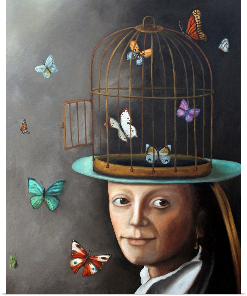 Surrealist painting of a woman with the top half of her head as a cage with butterflies flying all around.