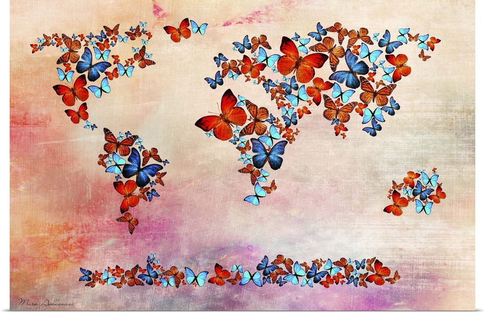World map comprised of different colored butterflies.