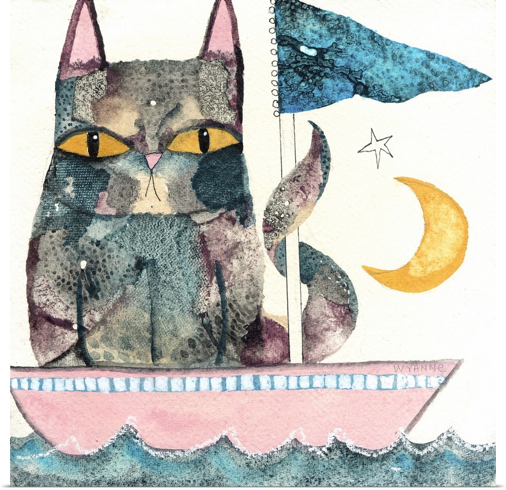 An angry looking cat in a boat with the moon in the sky.