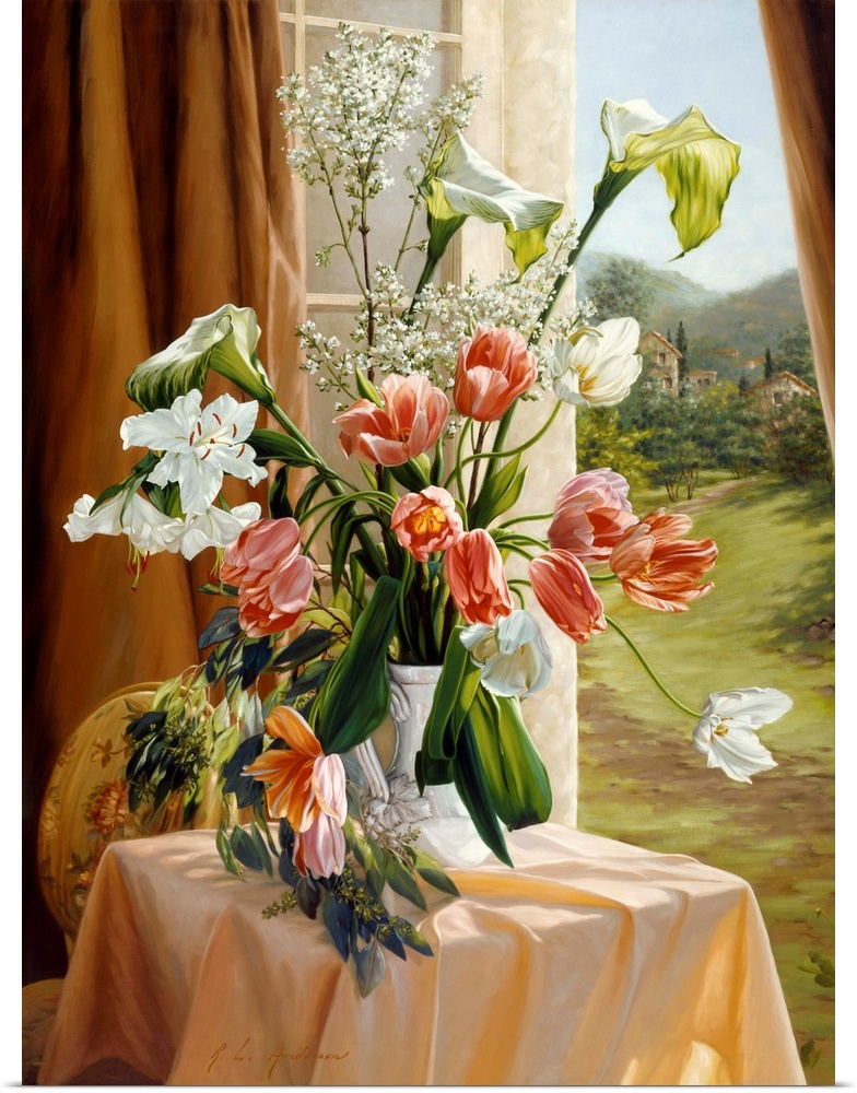 Bouquet of pink tulips and white lilies in a vase on a table by a window overlooking a large yard.