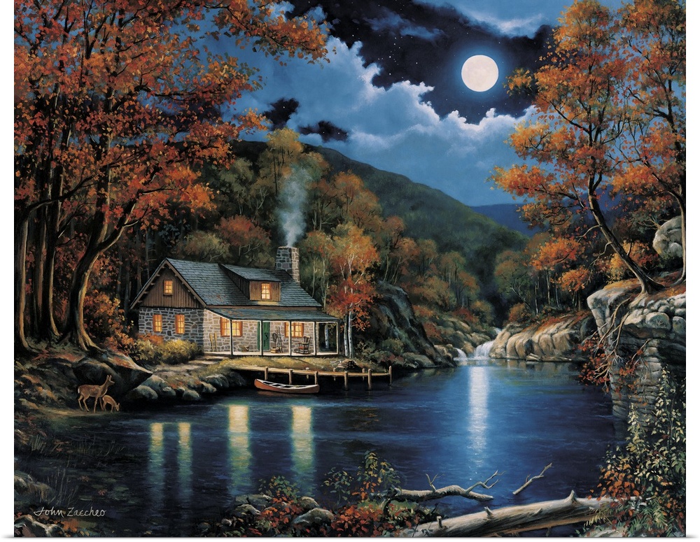 A cabin on the lake with a canoe resting at the dock and two deer at the edge of the water.