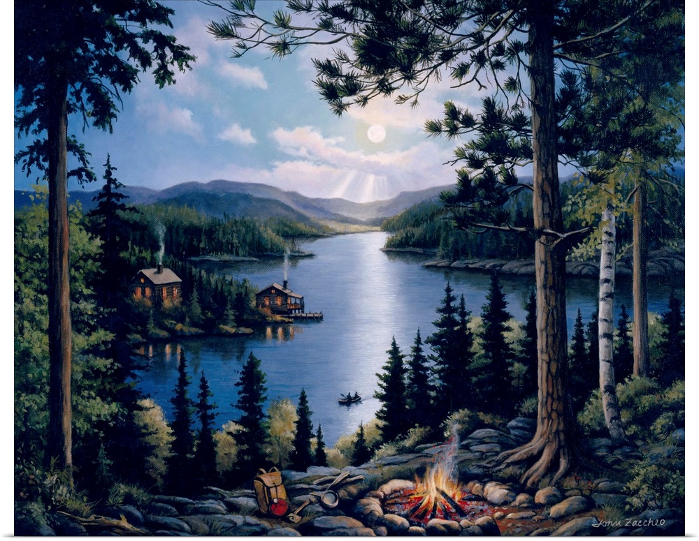 Fire burning in a clearing in the forest with camping gear around it.