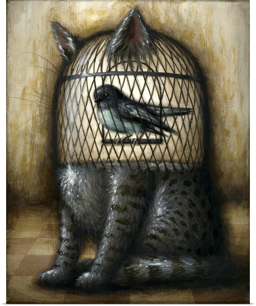 Surrealist painting of a cat with the top half of the body a cage containing a bird.