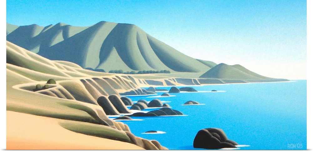 Contemporary colorful painting of a coastline.
