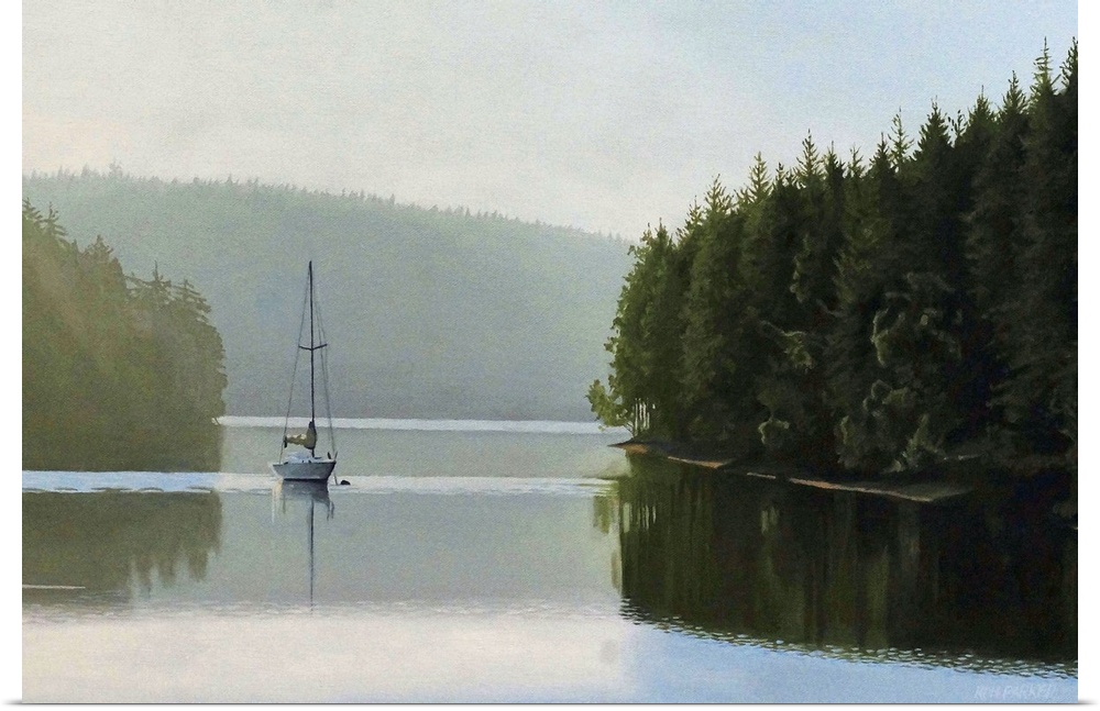 Contemporary painting of an idyllic wilderness lake scene with a boat in the distance.