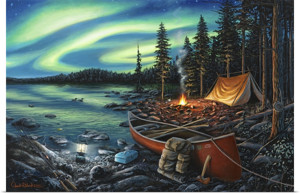 Contemporary painting of a campsite with a fire and a canoe underneath the Northern Lights.