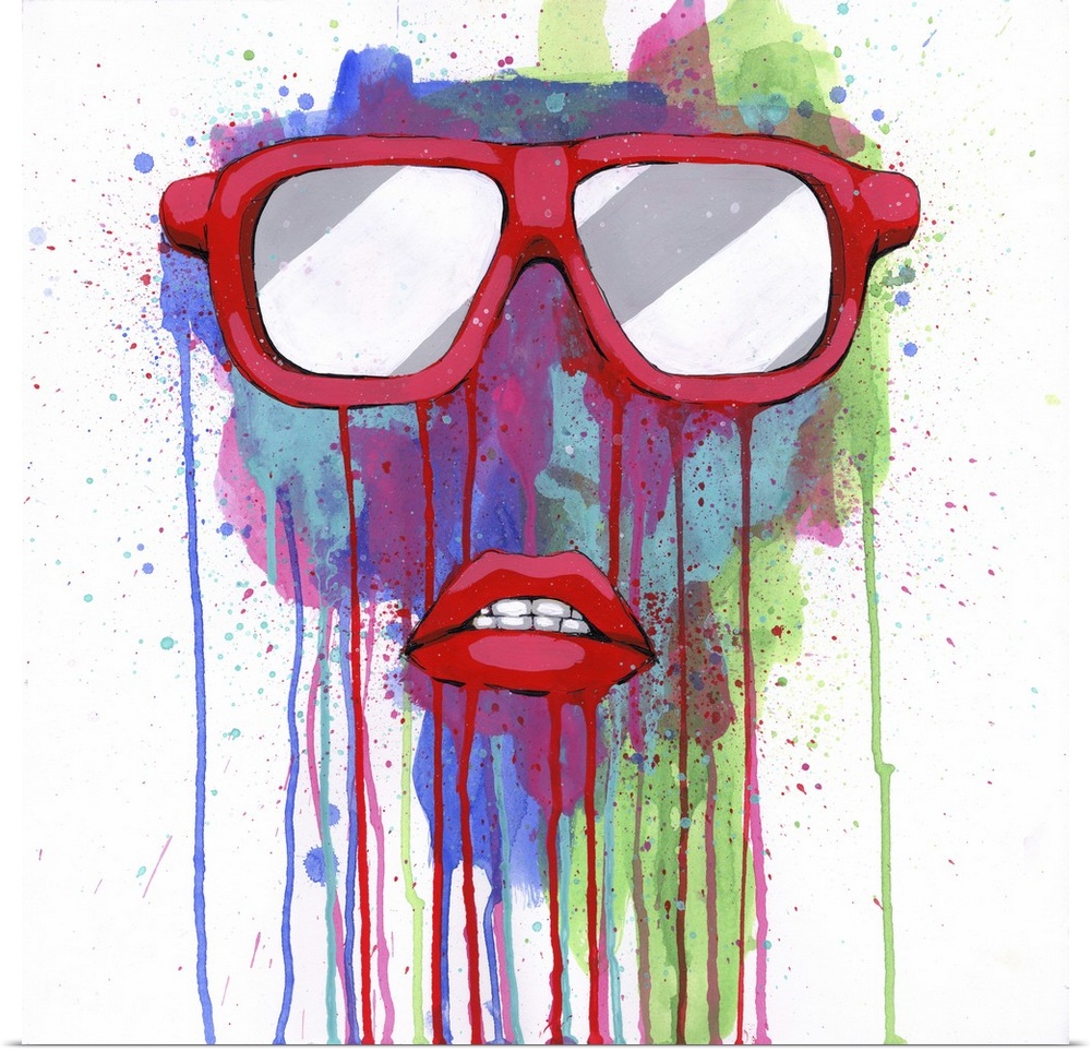 Pop art painting of sunglasses and red lips with paint splatters and drips.