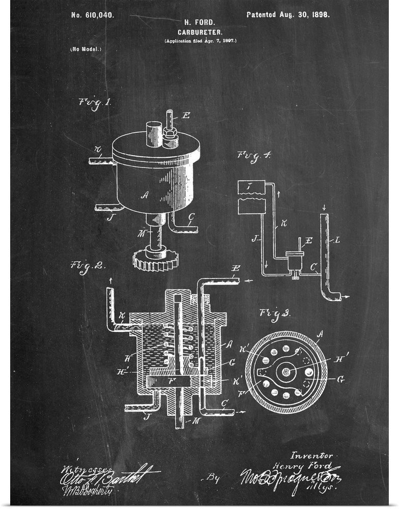 Black and white diagram showing the parts of Henry Ford's carburetor.
