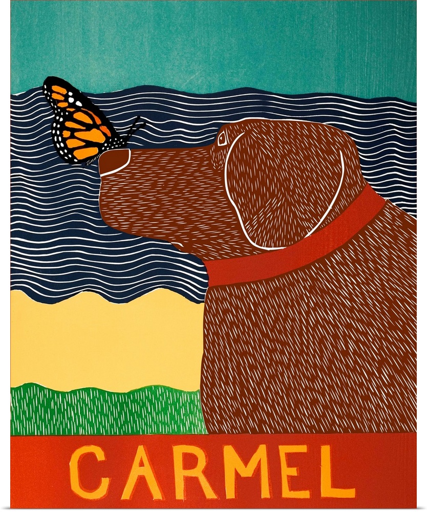 Illustration of a chocolate lab at the beach in Carmel with an orange butterfly on its nose and "Carmel" written at the bo...