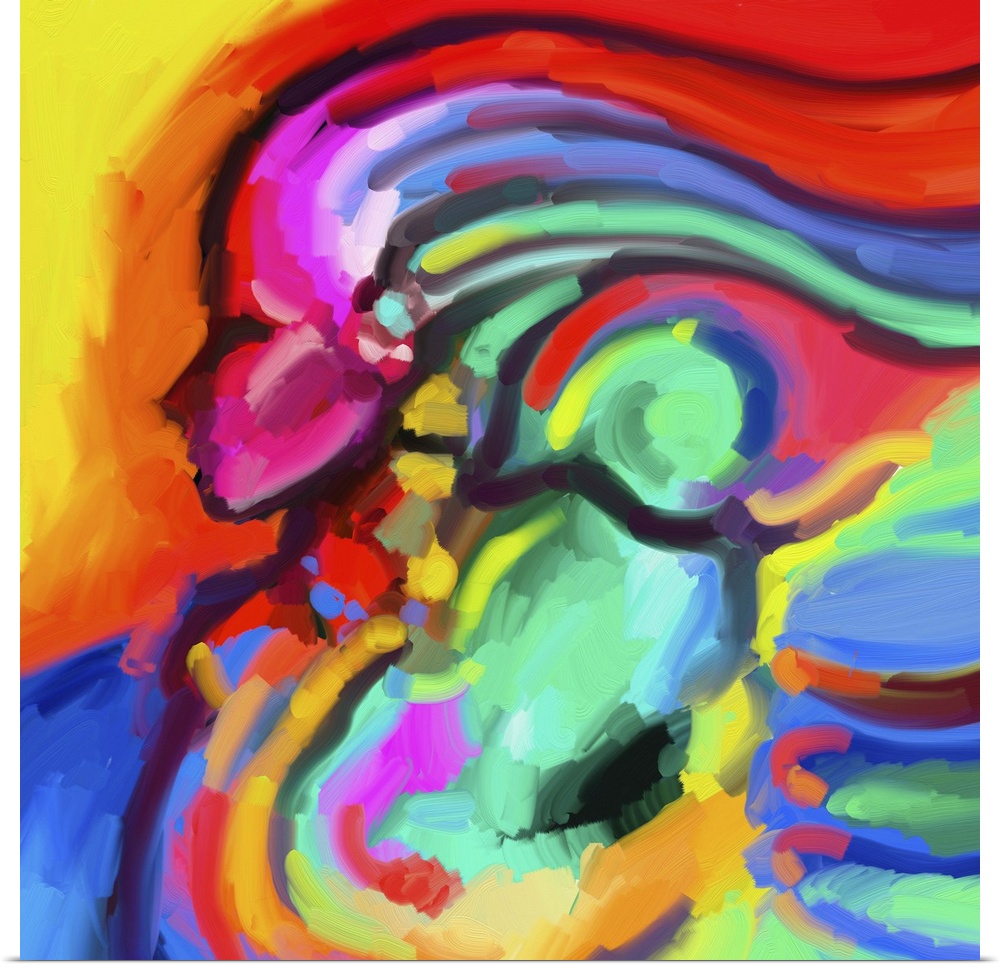 A contemporary piece of artwork of a female figure in profile surrounded by color.