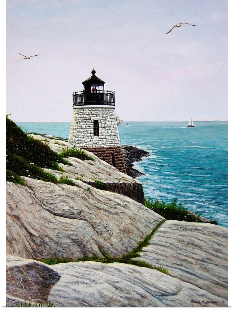 Contemporary painting of the Castle Hill Lighthouse overlooking the ocean and seagulls in sky.