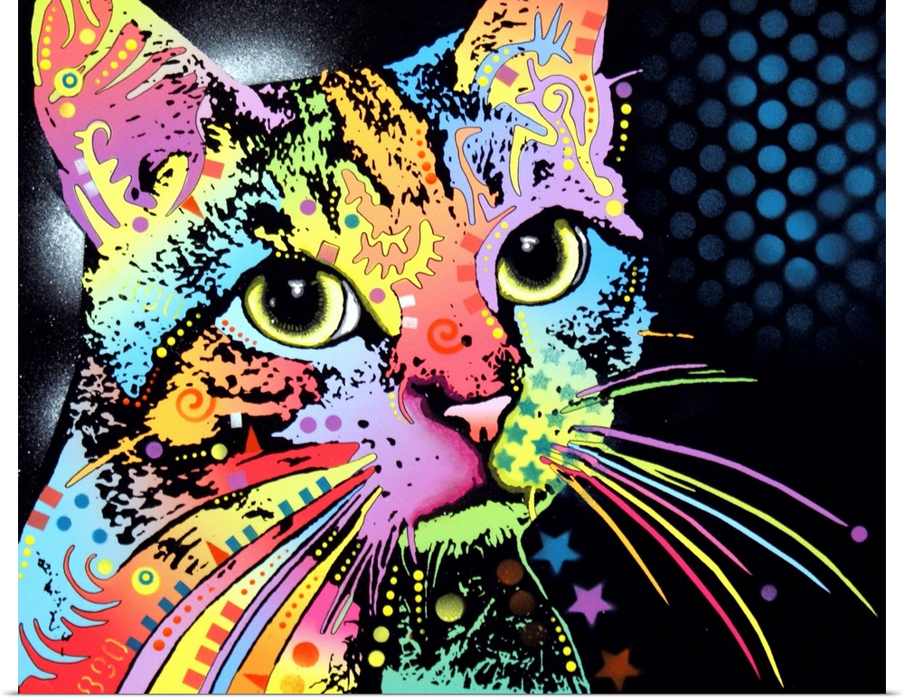 Colorful designs and patterns take the place of the face on a cat.