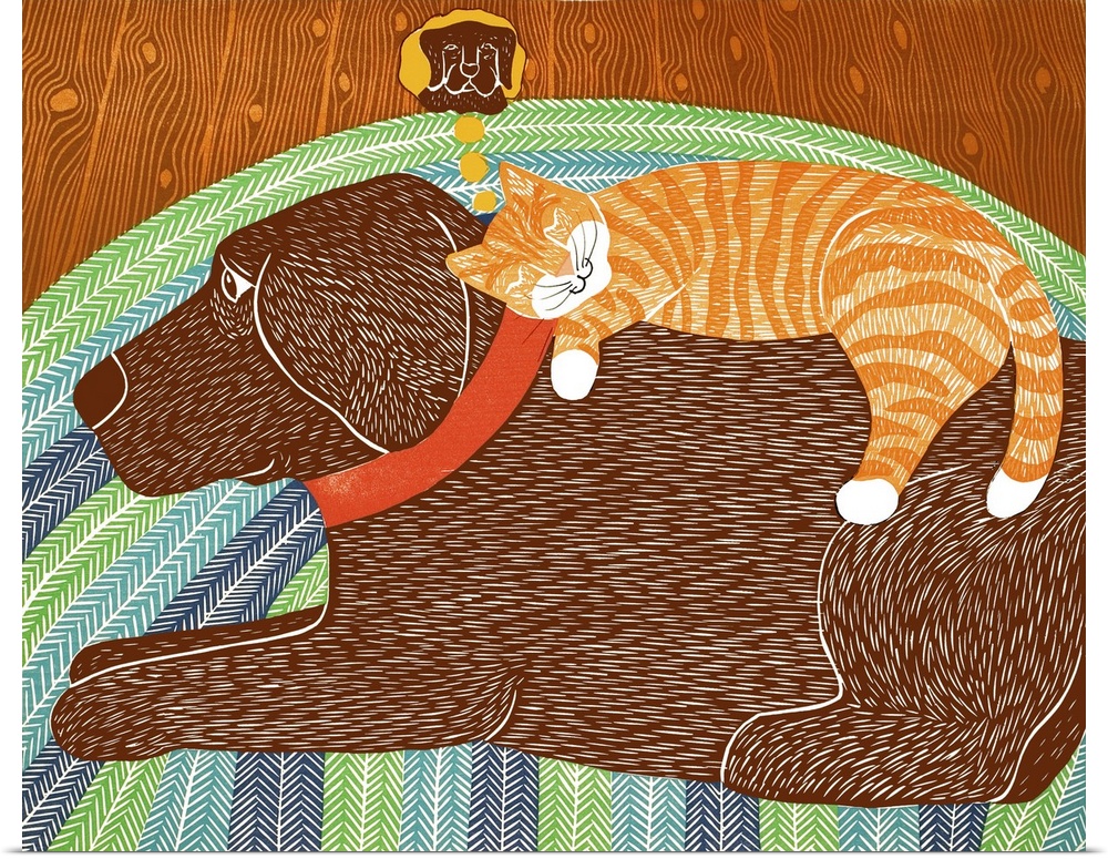 Illustration of an orange cat sleeping on top of a chocolate lab and dreaming about the dog, while the dog lays with its e...