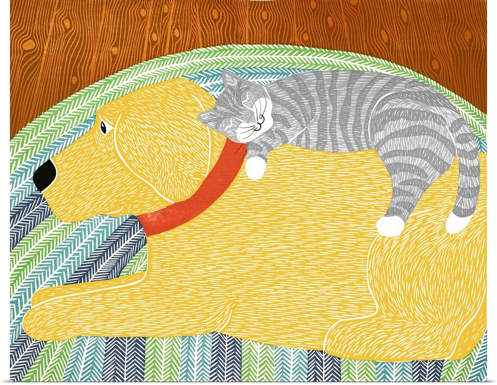 Illustration of a gray and white cat sleeping on top of a yellow lab and dreaming about the dog, while the dog lays with i...