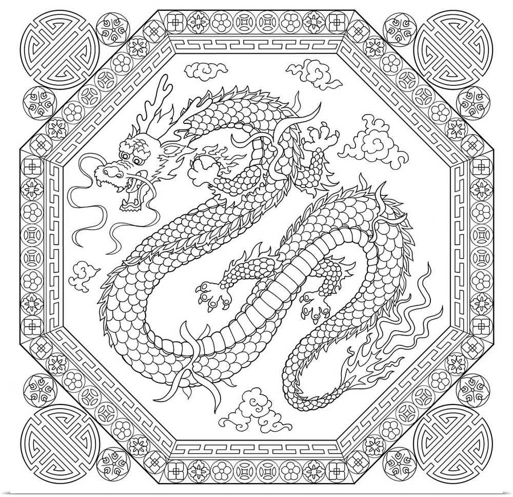 Black and white line art of a uniquely designed octagon with a Chinese dragon inside.