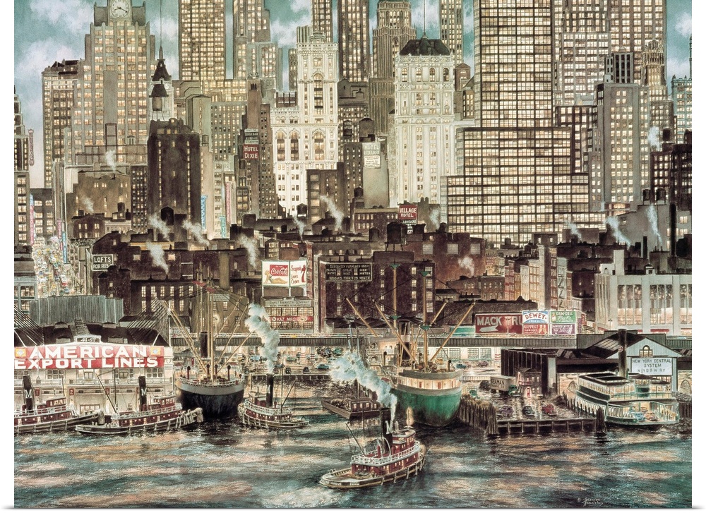 Contemporary painting of a harbor, with a city skyline in the background.