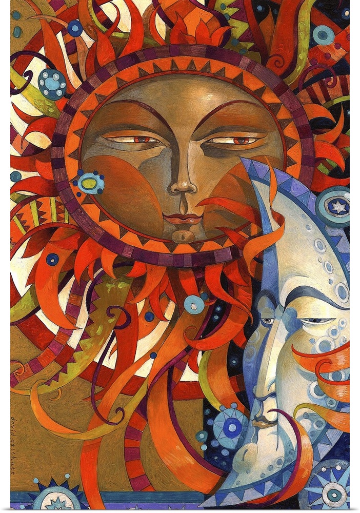 Contemporary artwork of a sun with a face and sun rays fanning out in all directions, next to a moon with a face on it.