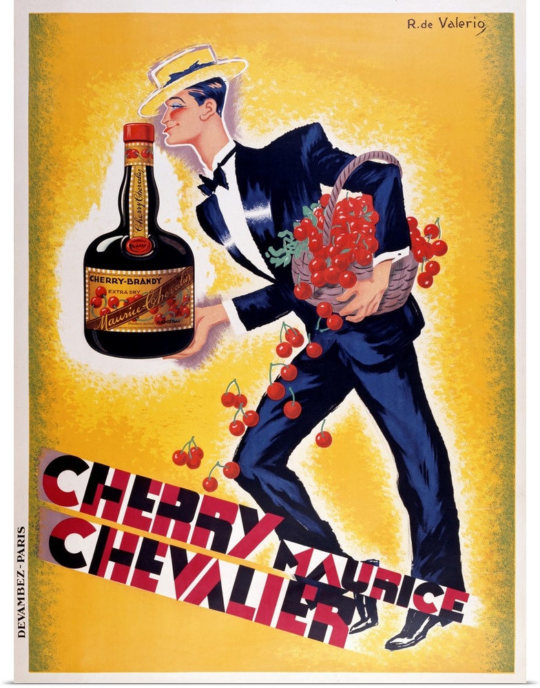 Man carrying a basket of cherries and a bottle of liqueur.