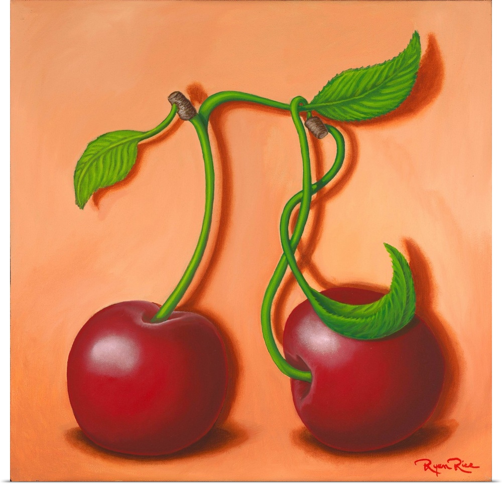 Humorous square painting of two cherries with their stems attached creating the pi symbol (cherry pi - cherry pie)