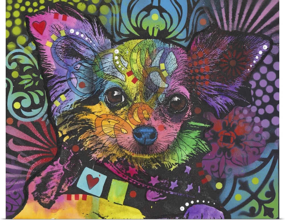 Pop art style painting of a small dog with large ears in various colors.