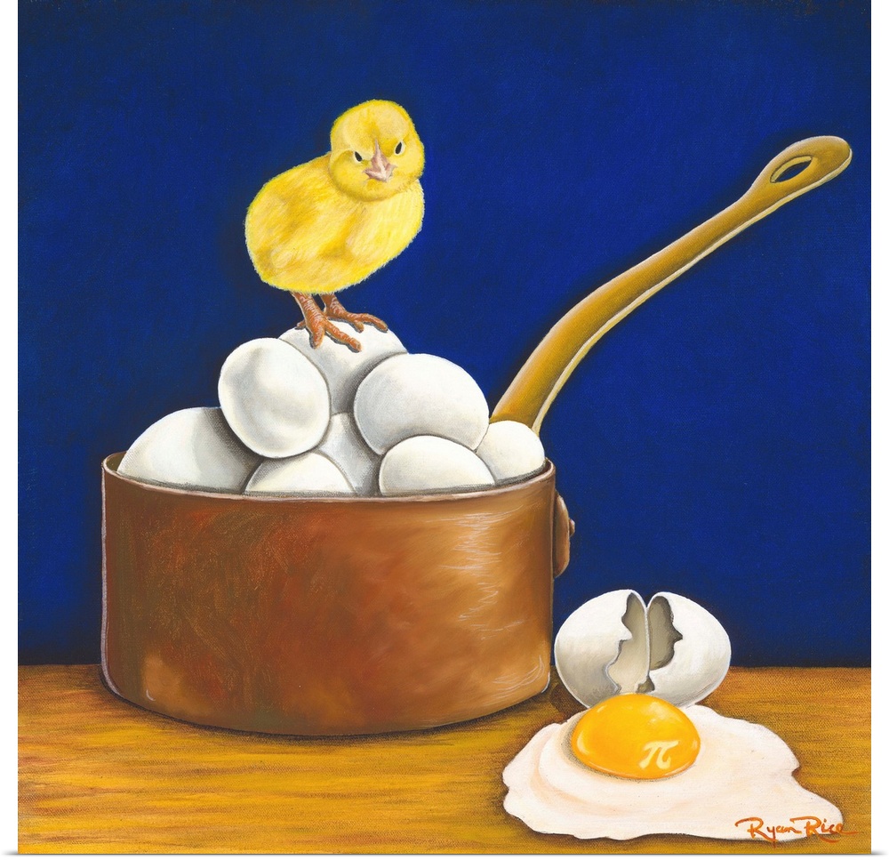 Square pun painting of a chick standing on eggs in a pot with a cracked egg on the able that has the pi symbol in it (chic...