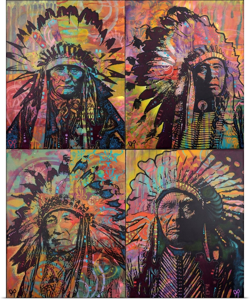 Illustration of four Indian Chiefs broken into four rectangular sections on a colorfully designed background.