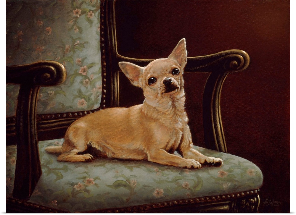 Contemporary painting of a dog sitting on a chair.