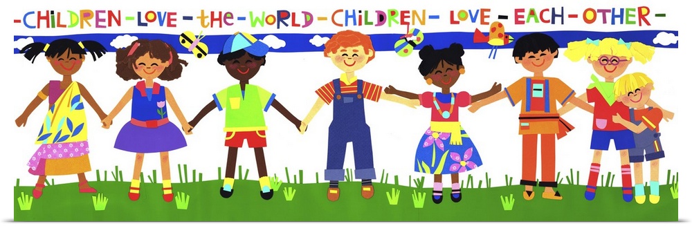 Illustration of several children of different ethnicities holding hands.