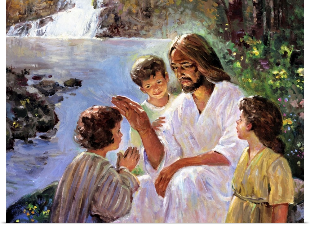 Jesus is pictured, blessing and teaching a group of children.