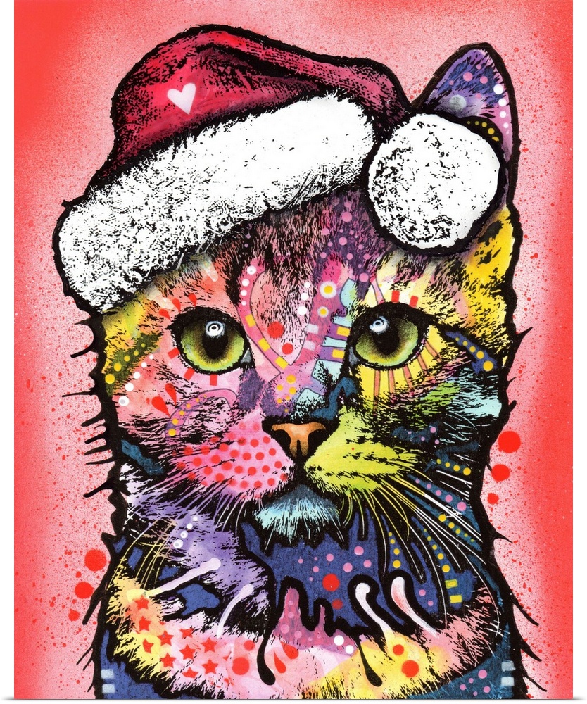 Cute painting of a colorful kitten wearing Santa's hat on a red spray painted background.